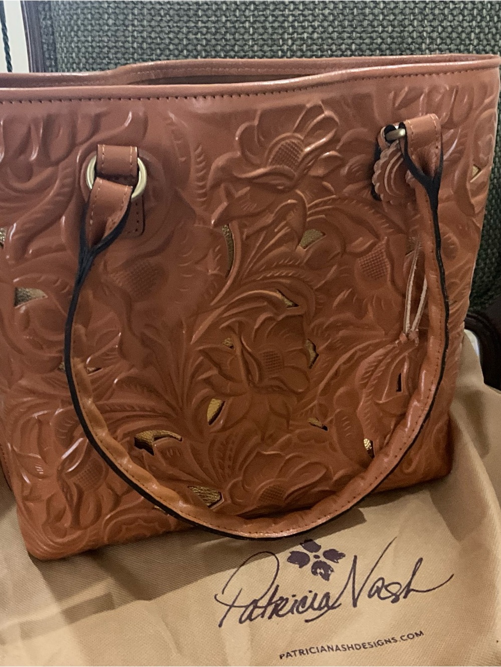 Patricia Nash brown tooled leather Adeline Tote bag with strap